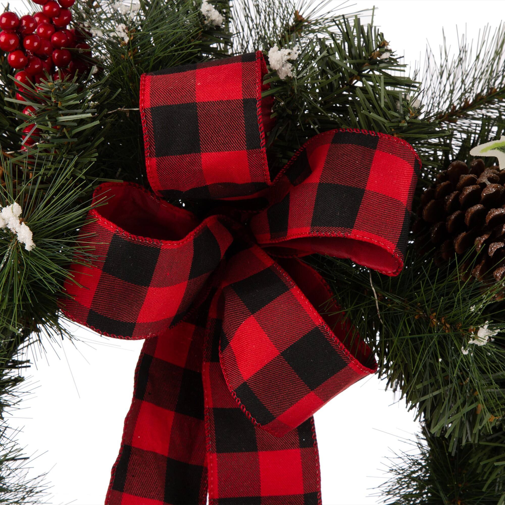 Glitzhome 24" Pre-Lit Buffalo Check Bow, Berry, Holly & Pinecone LED Wreath